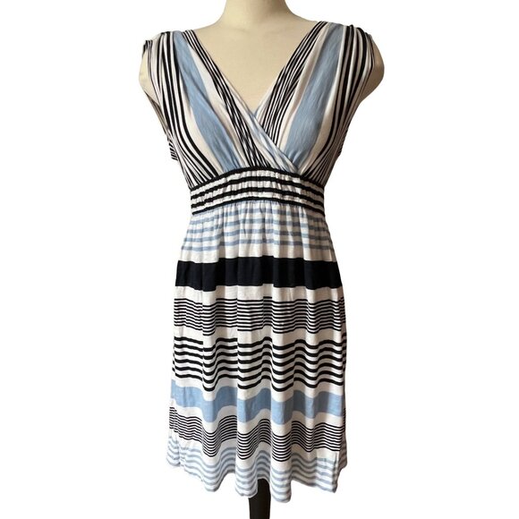 Ann Taylor LOFT Striped Summer Dress Blue Sz Small Shoulder Strappy V Cut - Picture 1 of 7